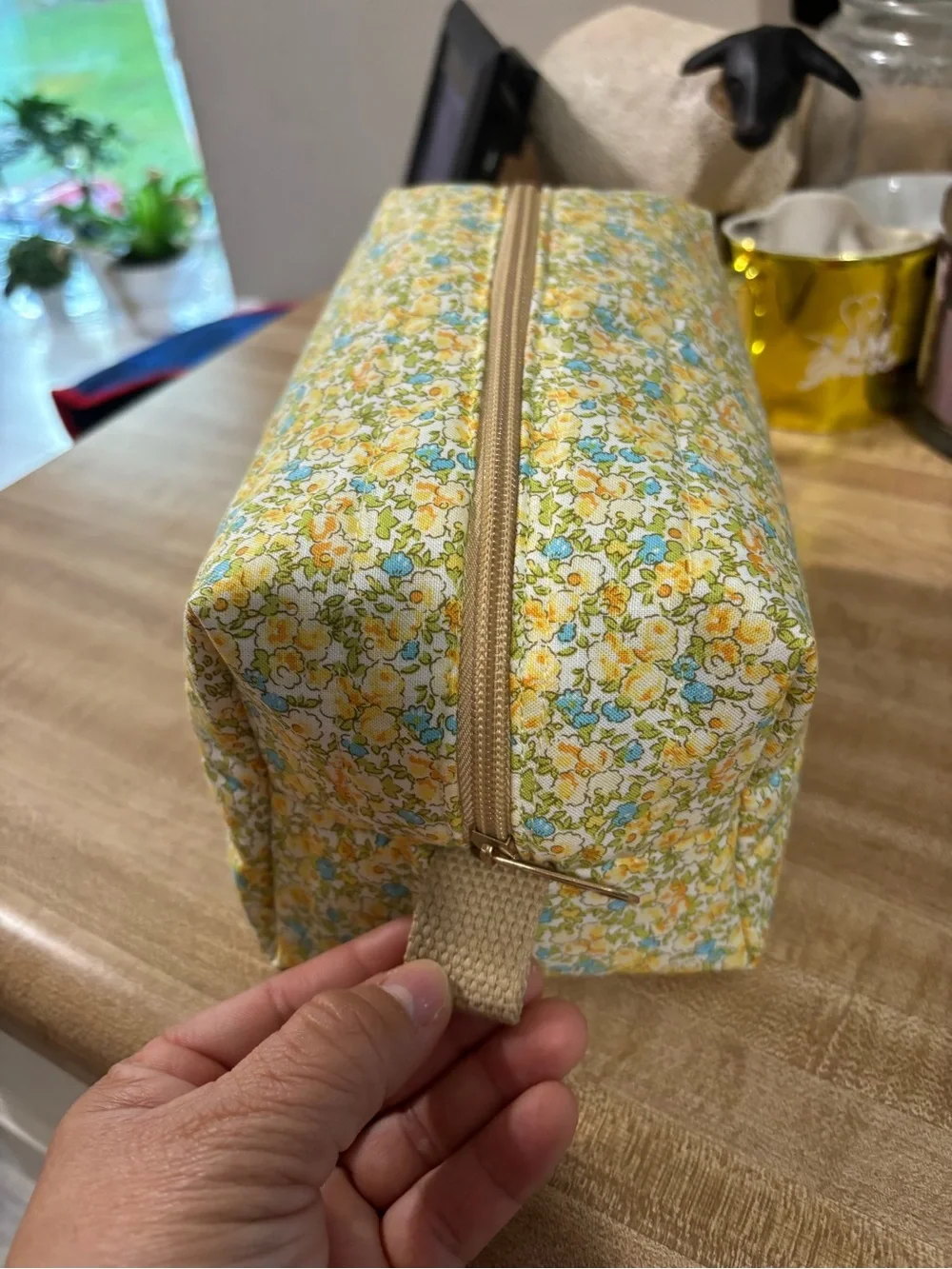Floral Quilted Yellow Cosmetic Pouch, handmade